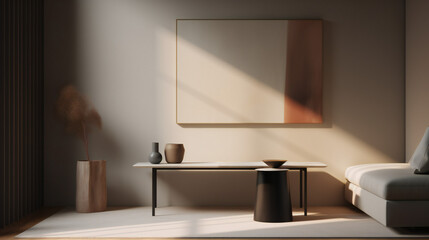 Stylish Interior with an Abstract Mockup Frame Poster, Modern interior design, 3D render, 3D illustration