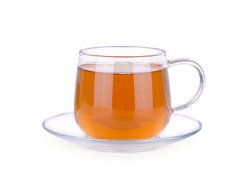 Glass cup of green tea on white background.