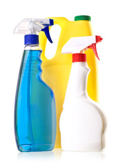 Detergent bottles isolated on white background.