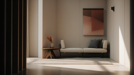 Fototapeta na wymiar Stylish Interior with an Abstract Mockup Frame Poster, Modern interior design, 3D render, 3D illustration