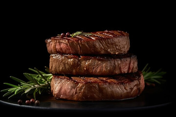 Delicious grilled juicy steak isolated on black background