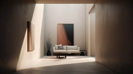 Stylish Interior with an Abstract Mockup Frame Poster, Modern interior design, 3D render, 3D illustration