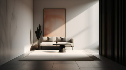 Stylish Interior with an Abstract Mockup Frame Poster, Modern interior design, 3D render, 3D illustration