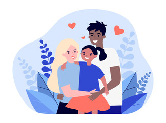 Caucasian mother and African American father with kid. Happy interracial couple holding daughter and hugging vector illustration. Family, love, equality, diversity concept