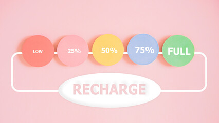 recharge on white speech bubble and power level on different color circle paper