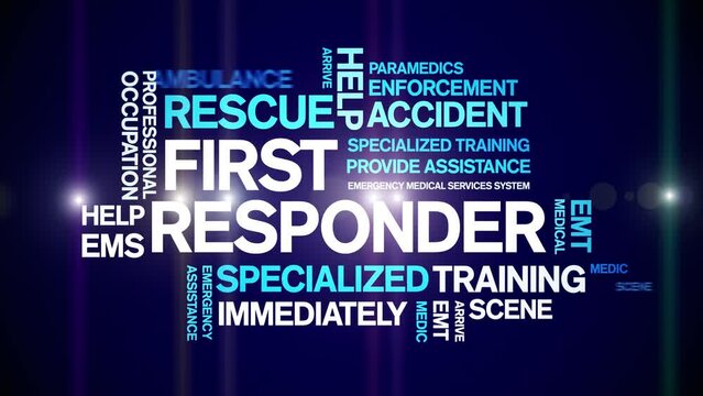 First Responder animated tag word cloud;text design animation kinetic typography seamless loop.