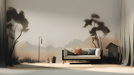 Surreal Interior Design Mockup, Modern interior design, 3D render, 3D illustration © Roman P.