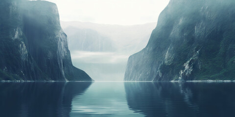 Obraz na płótnie Canvas Fjord minimalistic landscape. Fog over mountains. Generative AI