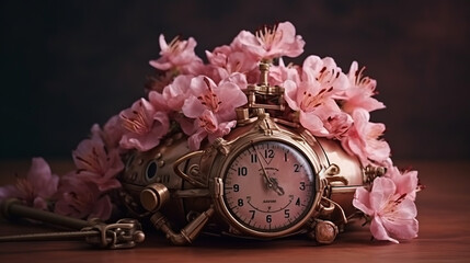 Floral, vintage background, peony, flover, products, enginer, generative, ai, steampunk,clockwork, brooch, pink