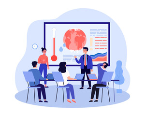 Man giving presentation on global warming at conference. Upset office people talking about high temperature of planet vector illustration. Climate change, environment, ecology concept