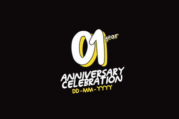 1th, 1 years, 1 year anniversary with white character with yellow shadow on black background-vector