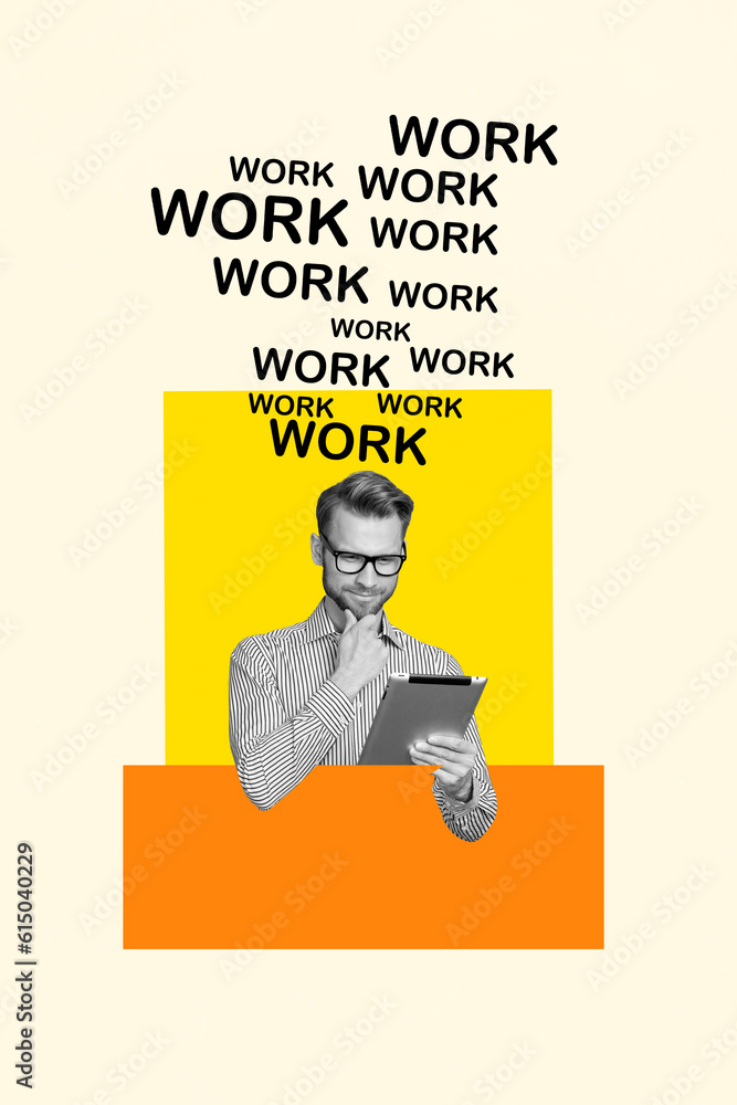 Poster Collage pinup pop sketch image of thoughtful smart guy working modern device isolated painting background