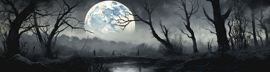 illustration,a night scene with a full moon and trees, website header, ai generative.
