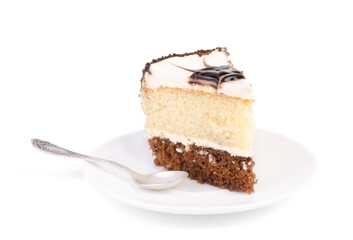 Tasty  cake on a white plate over white background.
