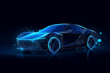 Stylish modern car. Abstract schematic vector from blue lines on a black background. 3d. Generative AI