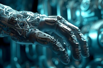 Robot metal green hand. Generative AI
