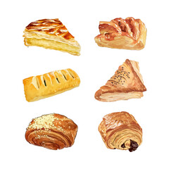 Set of pastries in watercolor style vector illustration