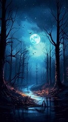 illustration, night scene in the magic forest with many trees and a huge moon, generative ai