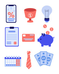 Items for business vector illustrations set. Documents, credit card, tie, lightbulb, investment app on smartphone, money, piggy bank, calendar on white background. Business, finance concept