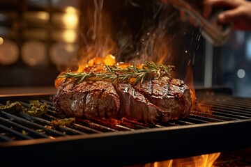 A chef expertly grilling a succulent steak over an open flame, with sizzling sparks and mouthwatering grill marks, representing the mastery of the culinary craft. Generative Ai