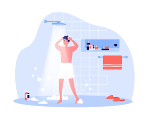 Man washing hair under rain showerhead vector illustration. Cartoon drawing of male character in towel standing under stream of water, washing up in bathroom. Hygiene, advertisement concept