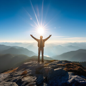 Man Standing On A Mountaintop His Arms Wide Open Generative AI