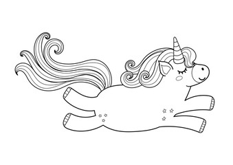 Cute magic unicorn black and white character. Beautiful fairy tale animal in cartoon style. Flying pony isolated on white background. Vector illustration