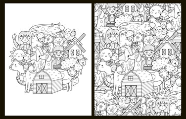 Coloring pages set with cute farm characters. Doodle background with animals and farmers for coloring book in US Letter format. Collection with black and white colouring pages. Vector illustration