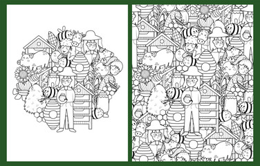 Coloring pages set with farm characters. Cute bees and beekeeper background for coloring book in US Letter format. Collection with black and white colouring pages. Vector illustration