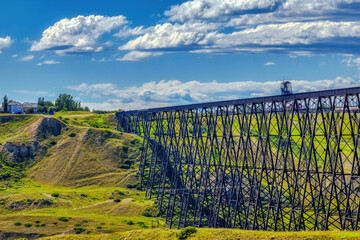A close up to the Lethbridge Viaduct, commonly known as the High Level Bridge in Lethbridge, Alberta, Canada. - obrazy, fototapety, plakaty