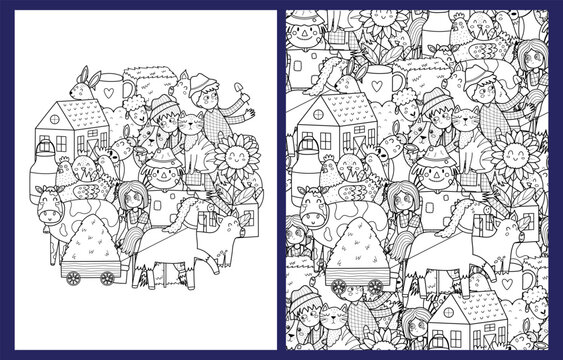 Cute farm characters coloring pages set in US Letter format. Black and white background with animals and farmers. Templates for coloring book. Vector illustration