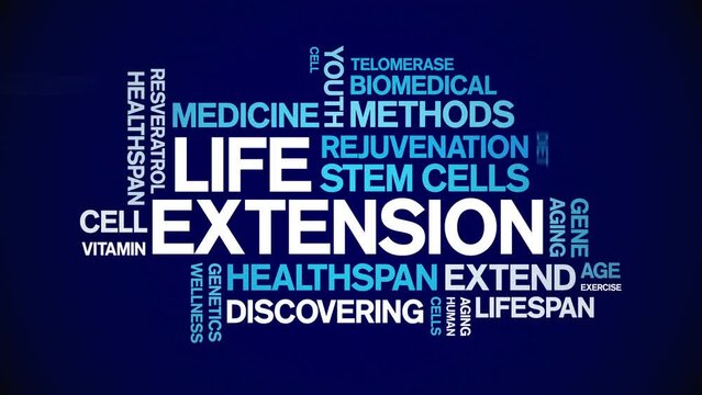 Life Extension animated tag word cloud;text design animation kinetic typography seamless loop.