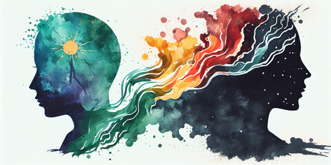 Bipolar disorder mind mental health connection watercolor painting illustration hand drawing design symbol