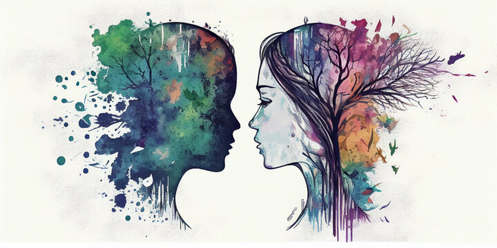 Bipolar disorder mind mental health connection watercolor painting illustration hand drawing design symbol