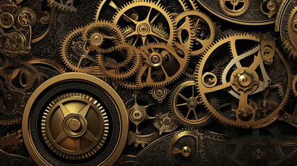 Fototapeta na wymiar clock background, generative, ai, machine, mechanical, green, gold