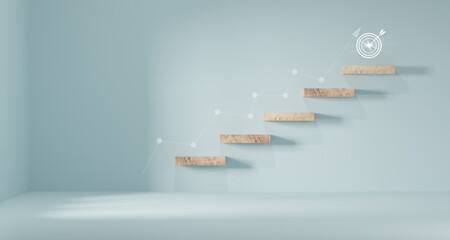 Growth or increase design concept. Cube block staircase moving step growing up to target. Success...