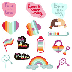 LGBT pride stickers and rainbow hand drawn set
