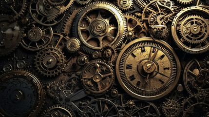 Fototapeta na wymiar clock background, generative, ai, machine, mechanical, green, gold