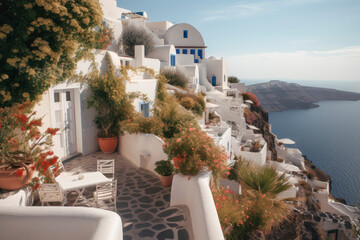Mediterranean style white elegant houses on the slope with sea view, greek architecture with blooming plant climbing a wall. Modern greek architecture. Traditional villa of Santorini. Generative AI
