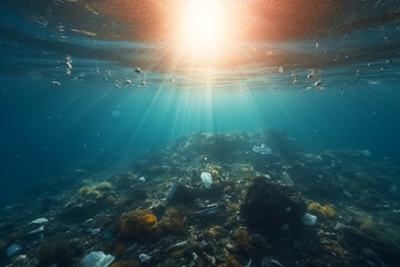 Fototapeta na wymiar Plastic waste deep in the ocean underwater