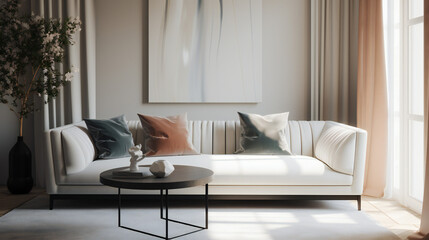 Stylish Interior with an Abstract Mockup Frame Poster, Modern interior design, 3D render, 3D illustration