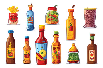 Artichelen sauce set. Whimsical cartoon illustration featuring a delightful set of flat-design sauce bottles creatively designed with colorful and playful patterns. Vector illustration.
