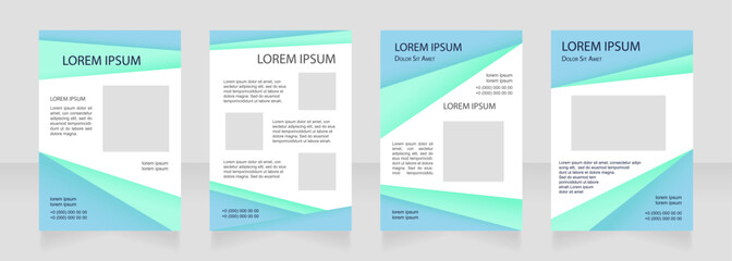 Turquoise blank brochure layout design. Promotional info. Vertical poster template set with empty copy space for text. Premade corporate reports collection. Editable flyer paper pages
