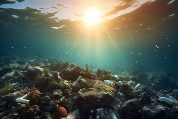 Plastic waste deep in the ocean underwater