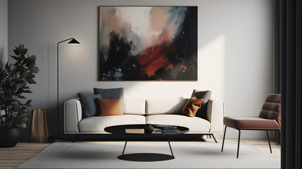 Stylish Interior with an Abstract Mockup Frame Poster, Modern interior design, 3D render, 3D illustration