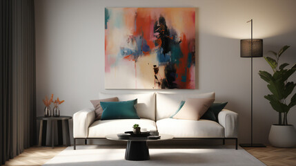 Stylish Interior with an Abstract Mockup Frame Poster, Modern interior design, 3D render, 3D illustration
