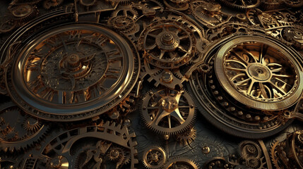 Fototapeta na wymiar clock background, generative, ai, machine, mechanical, green,, gold