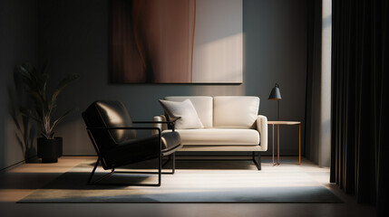 Stylish Interior with an Abstract Mockup Frame Poster, Modern interior design, 3D render, 3D illustration