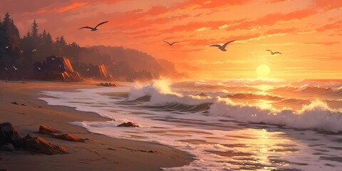 AI Generated. AI Generative. Sunset seagulls sea ocean beach vacation tropic paradise exotic island trip adventure nautical romantic vibe. Graphic Art