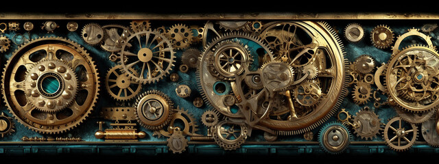 Fototapeta na wymiar clock background, generative, ai, machine, mechanical, green, blue, gold